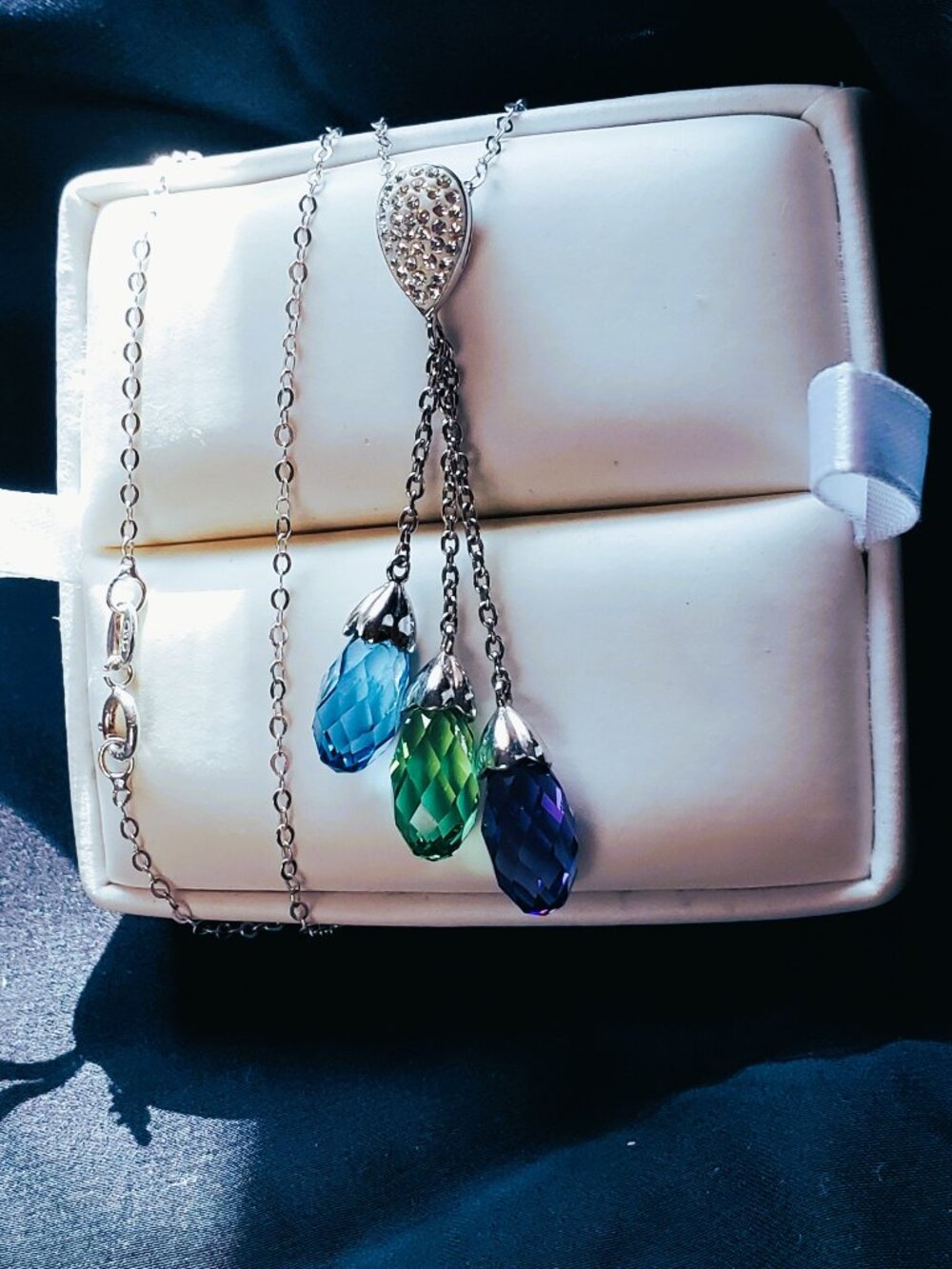 Crystal Briolette Tri-Gemstone Drop Necklace Silver Rhodium Multi-Color NWOT